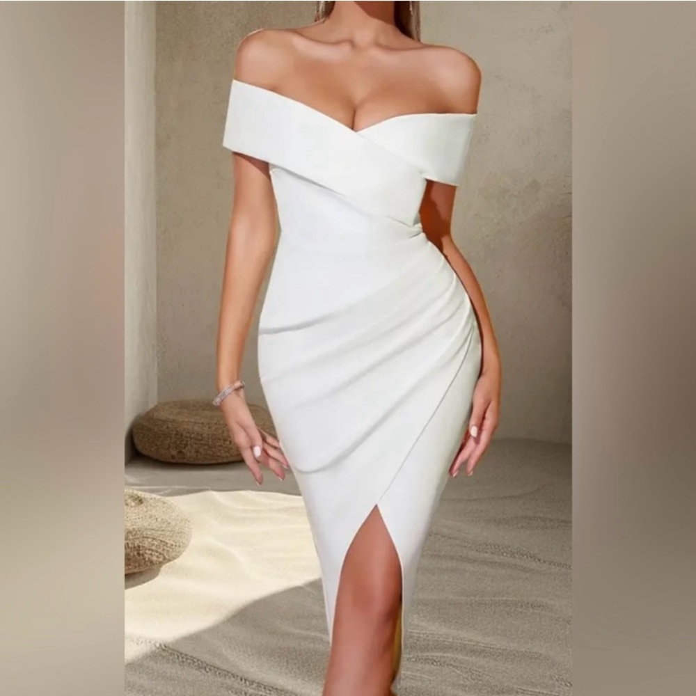 White Ruched Slit Off-Shoulder Cocktail Dress